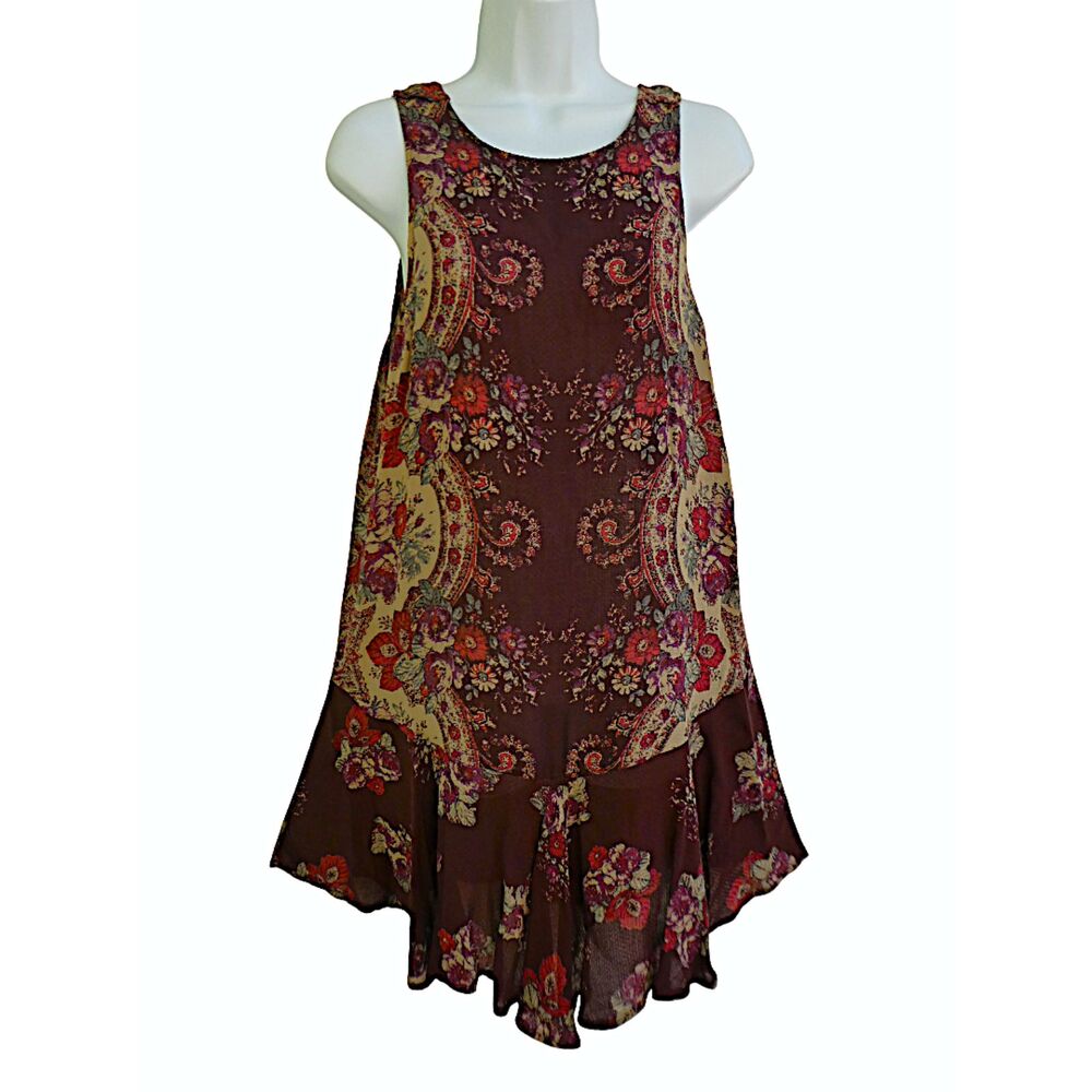 Intimately Free People Bohemian Tunic Dress Browns Floral Paisley V Flounce Hem